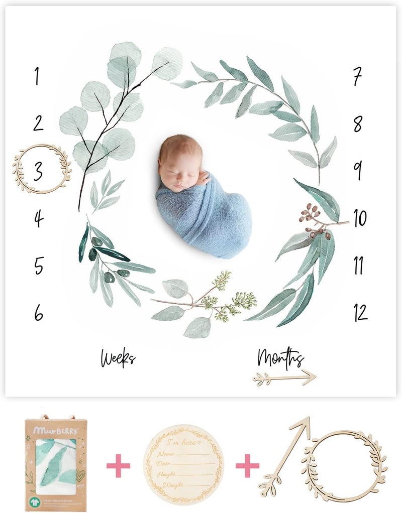 Miaoberry Organic Baby Monthly Milestone Blanket Newborn Boy Girl Unisex Gender Neutral| Green Leaf Wreath Eucalyptus Baby Nursery Month Picture Blanket| Growth Photography Background Prop|Birth Announcement - Image 1